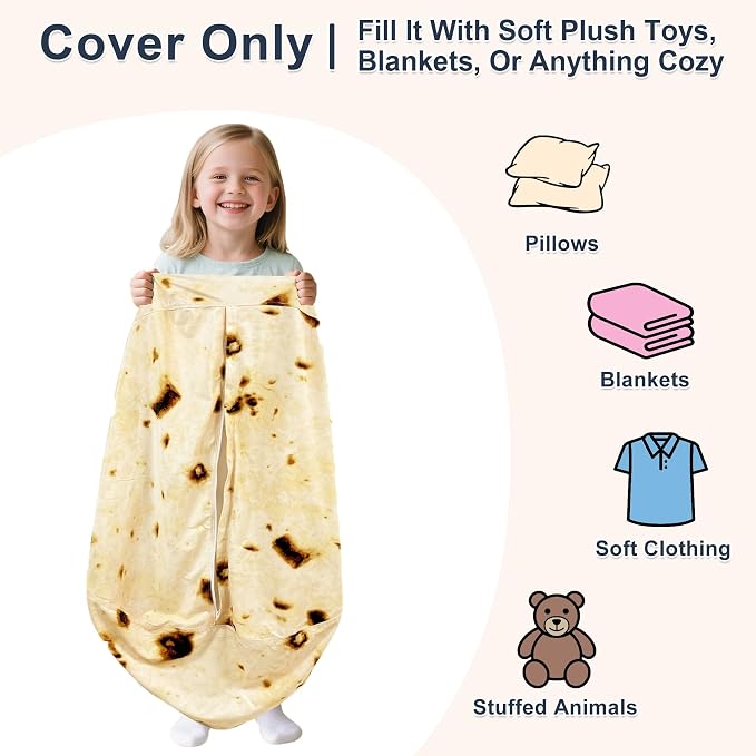 Lukeight Burrito Stuffed Animals Storage Bean Bag Chair Cover for Kids Toddlers, Cozy Velvet Plush Toy Organizer Seat, Cover Only, No Filling Included, Long YKK Zipper, Side Pocket, Large 27 x 16 in