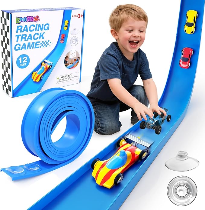 Flex Track 12 Ft Starter Set: Portable Rolls Up Race Tracks for Kids 3+ - DIY Race Car Ramp Track with Suction Cups - Flexible Race Track Compatible with Diecast 1/64th Cars - Birthday Gift for Boys
