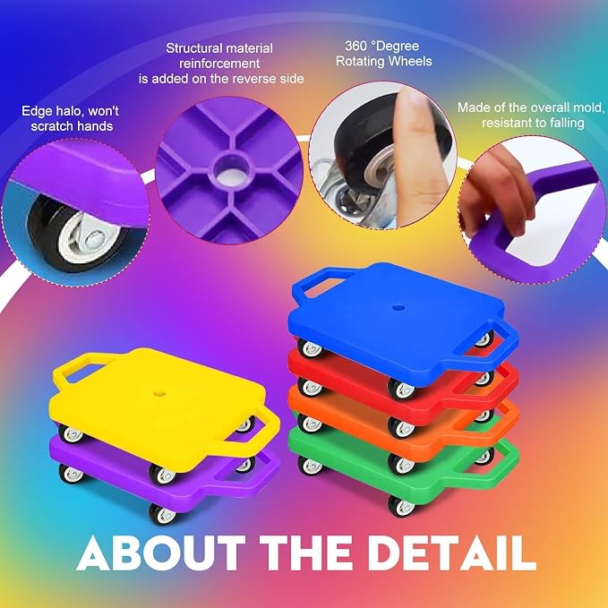 12 Pcs Sports Scooter Board with Handles for Kids Non-Marring Plastic Casters Floor Scooter Board Sitting Scooter Board Boy Girl Gym Indoor Outdoor Activities Play Equipment