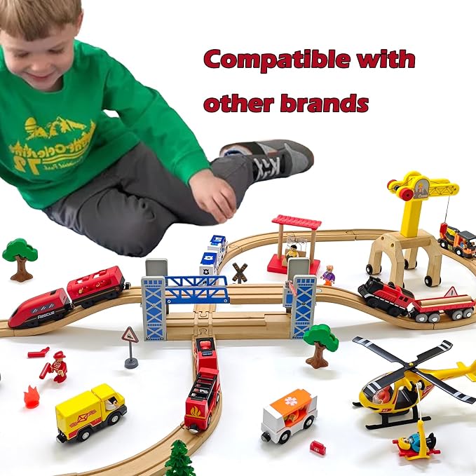Battery Operated Police Train for Wooden Train Tracks with Figures Kids Magnetic Wooden Trains Set for Toddlers Boys 3-5 4-8 (Without Battery and Tracks) (red)