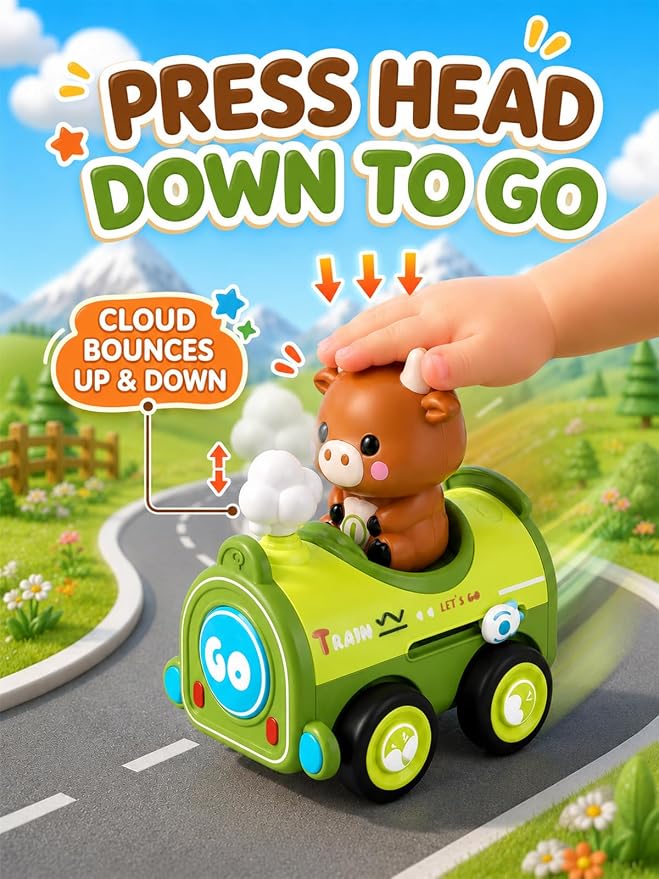 Magnetic Connect & Press to Go Car Toys, 4 Pack Animal Racing Cars with Detachable Finger Puppets, Fine Motor Push Down Vehicle Set for Toddlers 1-3, Birthday Gift for 12-18 Months Baby