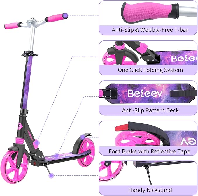 BELEEV V8 Scooters for Kids Ages 6+ with Light-Up Deck, 2 Wheel Folding Scooter for Kids, 4 Adjustable Height, Lightweight Sport Commuter Scooter, Sturdy Frame