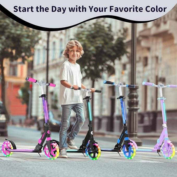 BELEEV V8 Scooters for Kids Ages 6+ with Light-Up Deck, 2 Wheel Folding Scooter for Kids, 4 Adjustable Height, Lightweight Sport Commuter Scooter, Sturdy Frame