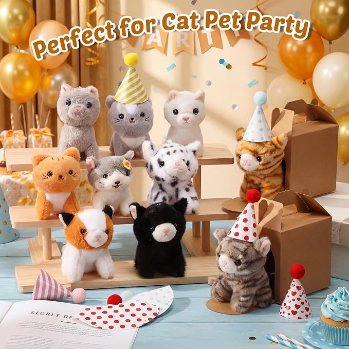 10 Set Kittens Stuffed Animals Bulk with 10 Birthday Hats 10 Kraft Paper Boxes Mini Plush Toys Small Stuffed Cat Pet Gifts for Kids, School Birthday Animal Decor(Cute Style)