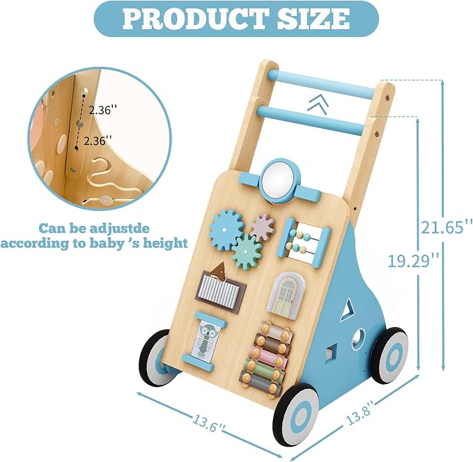 Baby Walker with Activity Center, Wooden Walker Toddler Push Walker Adjustable Height and Speed Montessori Walker Toy for Boys Girls Ages 9+ Months, Blue