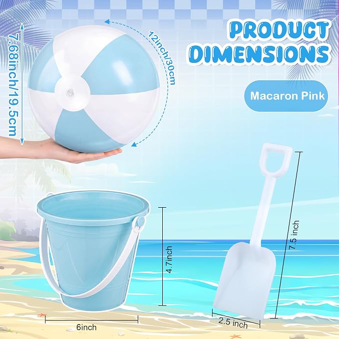 Lunmon 72 Pcs Beach Toys for Kids 24 Set Sand Buckets Shovels Bulk Pastel Beach Balls Inflatable Sand Toys for Girls Boys Toddlers Games Birthday Summer Pool Party Favor (Blue White, Castle)