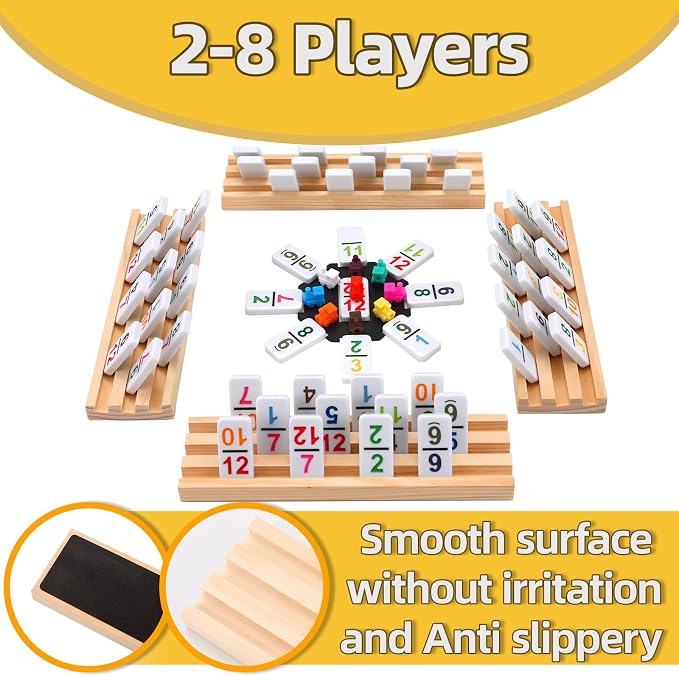 Doreimi Mexican Train Dominoes Set Numbers and 8 Wooden Holders, Double 12 Travel Domino Train Game with 91 Colored Tiles and Protable Case, Number Domino Set for Kids, Adults Family Board Team Games