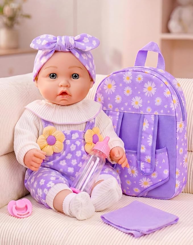 12" Flower Pattern Baby Doll With Backpack Carrier Can Store Clothes and Accessories,12 Inch Baby Dolls Set In Gift Box With Hanky Pacifier Bottle Pretend Baby Care Toy For Girl Child Toddler 3+ Gifts