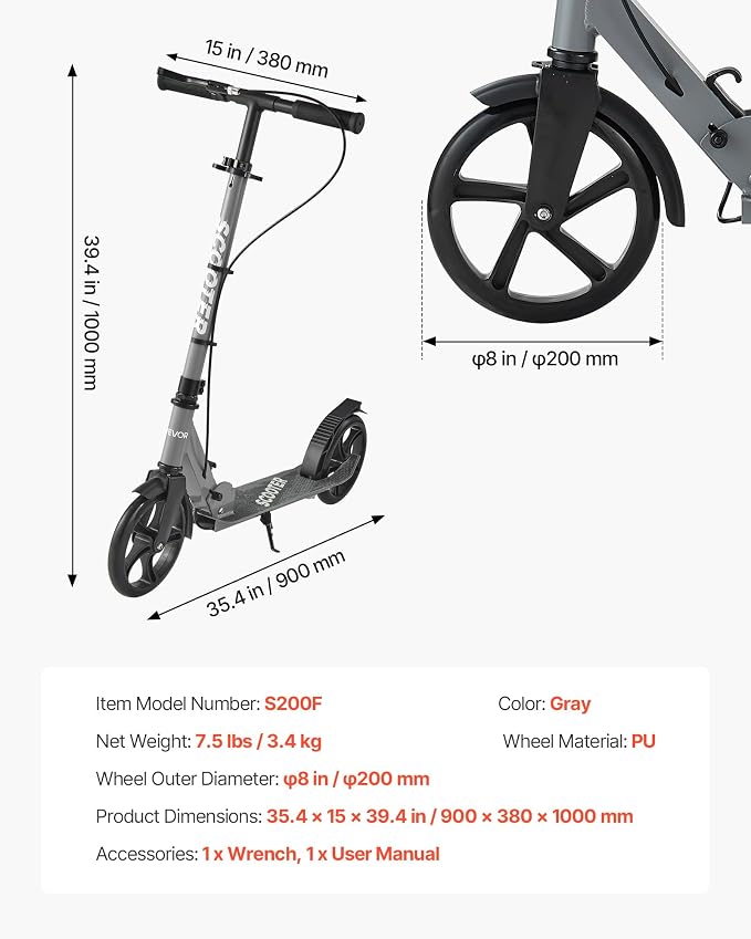 VEVOR Kick Scooter for Kids Ages 8+, Teens & Adults, 2-Wheel Toddler Scooter with Adjustable Height Handlebar, Wide Anti-Slip Deck, Foldable Lightweight Frame for Boys & Girls up to 220 lbs, Gray