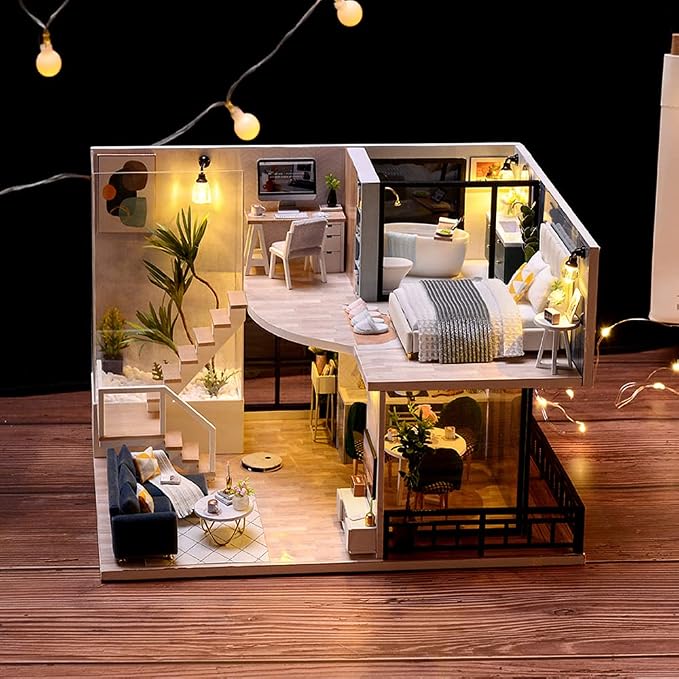 TuKIIE DIY Miniature Dollhouse Kit with Furniture, 1:24 Scale Creative Room Mini Wooden Doll House Accessories Plus Dust Proof & Music Movement for Kids Teens Adults(Satisfied Time)