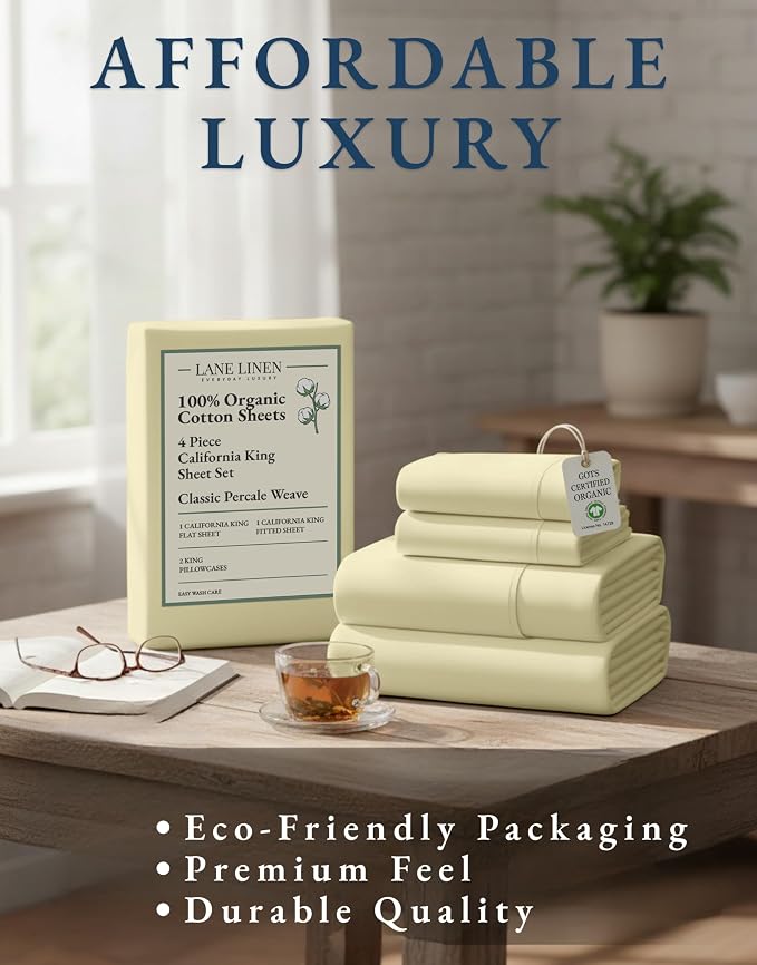 LANE LINEN California King Bed Sheets 100% Organic Cotton Soft - Vanilla | Cal King Sheets In Pure Long-Staple Organic Cotton - Breathable For Year-Round Sleep, Best-Value Organic Cotton