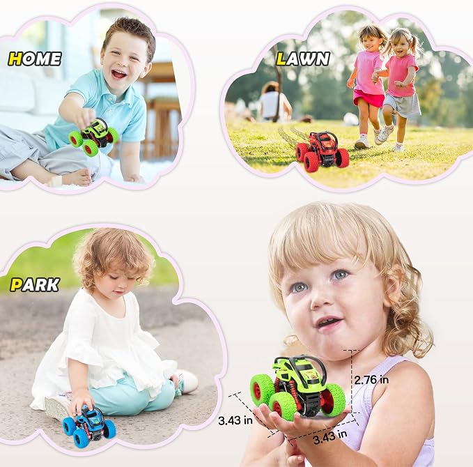 LODBY Monster Trucks Toys for Boys - Toddler Push and Go Truck Race Cars for Kids Party Favors Ages 2-4 3-5, Flip Stunt Car Toys for 2 3 4 5 6 Year Old Boy Birthday Gifts