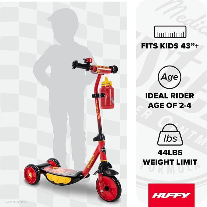 Huffy Toddler 3-Wheel Scooter for Kids, Multiple Colors & Licensed Character Graphics, Ages 3+, Durable Steel Frame, Wide Non-Slip Deck, Stable Lean-to-Steer Design, Light-Up Options, Girls/Boys