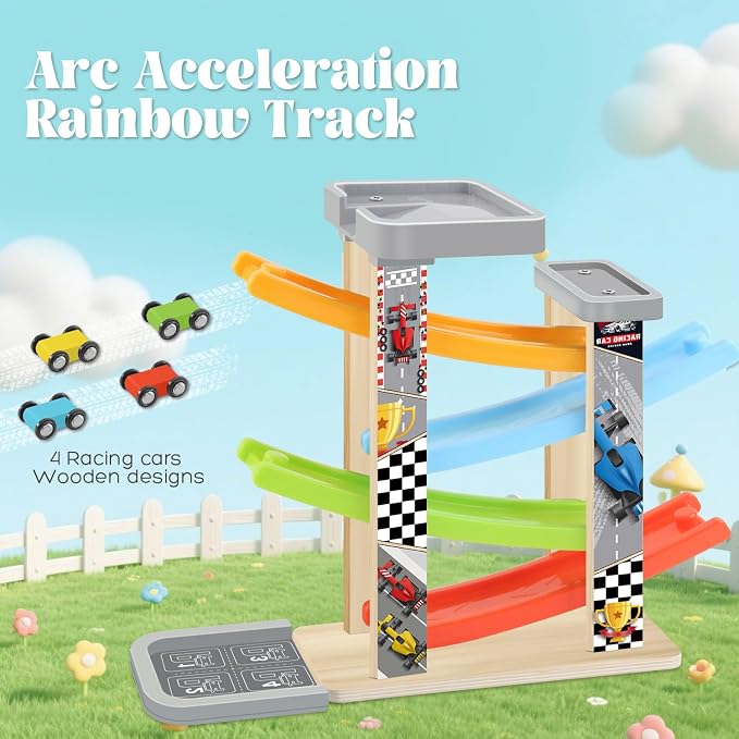 Wooden Car Ramp Toy Set, Montessori Ramp Set Includes 4 Mini Cars and Track — Educational Gift for Boys and Girls 3+ Years Old