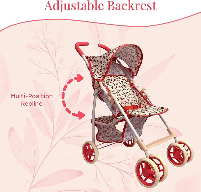 Baby Doll Stroller for Toddler Girls & Big Kids up to 8 Years Old | 28” Baby Stroller for Dolls, Toy Baby Stroller with Cute Coral Floral Print, Mesh Storage Basket, Canopy, Handle Grips, Rubber Tires
