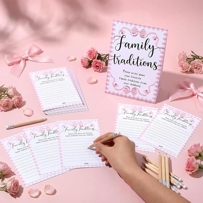 Fumete 61 Pieces Family Tradition Baby Shower Games Include 1 Family Traditions Standing Sign and 50 Activities Cards with 10 Pencils for Gender Reveal Bridal Shower Wedding(Pink,Bow)