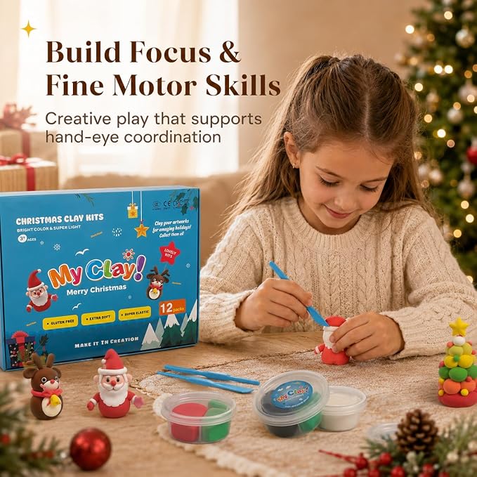 Air Dry Clay for Kids, 12 Christmas Modeling Clay DIY Model Magic Clay Kit with Tools&Tutorials, Soft&Non-Sticky, Safe&Non-Toxic, Creatible Art Crafts Toys Gifts for Kids,Christmas Crafts Xmas Gift