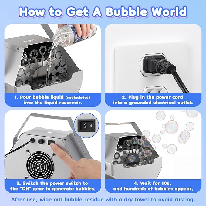 Theefun Bubble Machine: 750ML Metal Automatic Bubble Maker, Portable Professional Bubble Blower Operated by Plug-in Bubble Machine for Parties Weddings Indoor and Outdoor Use, Silver-Gray