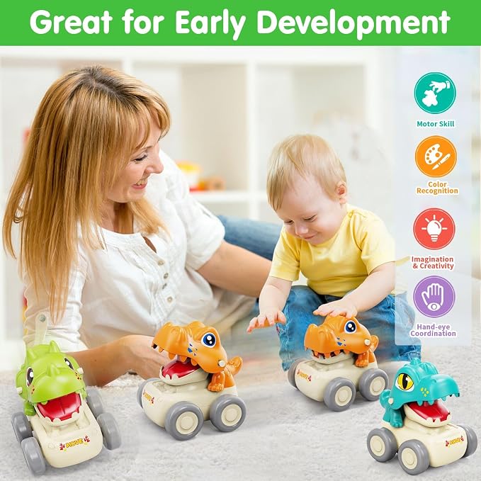 MOONTOY Baby Car Dinosaur Toys for 3 4 5 6 7 8 Year Old Boy Press and Go Cars for Toddlers 3+, Push Go Dino Cars Toddler Toys Baby Toys Easter Basket Stuffers 1st Birthday Gifts
