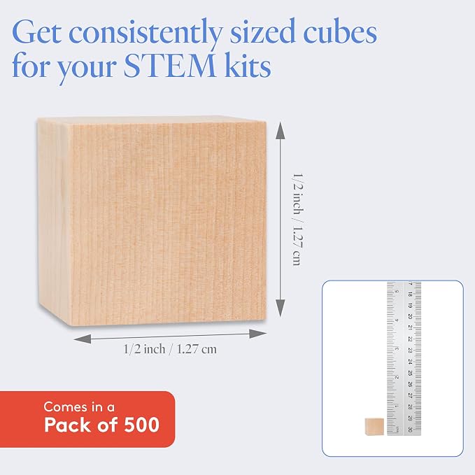 DIY Wooden Cubes 1/2-inch, Pack of 500 Small Blank Wooden Blocks, Unfinished Wood Blocks for Crafts, STEM, Dice, and Building Blocks for Stacking, by Woodpeckers
