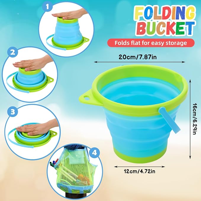 18 Pcs Beach Bucket Shovels Toys for Kids,Kids Collapsible Beach Sand Toys Sand Castle Sandbox with Long Shovel,Marine Life Castle,Sandbox with Bag for Boys Girls