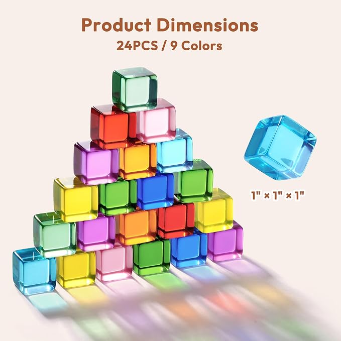 Woodtoe Rainbow Building Blocks for Toddlers, 24 PCS Acrylic Gem Cubes Stacking Blocks, Montessori Stacking Toy for 3 4 5 6 Year Old, Educational STEM Creative Sensory Toy Gifts for Kids Boys Girls