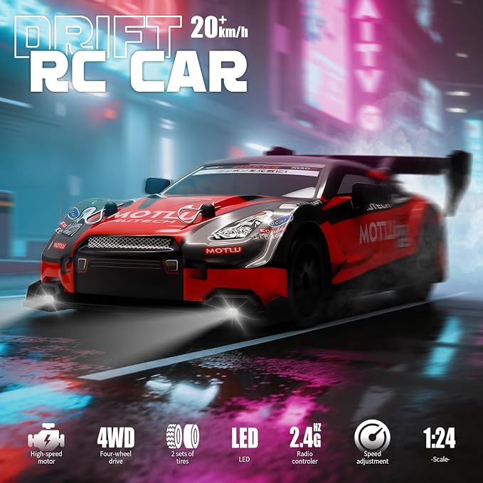 RC Drift Car, 1:24 Scale Remote Control Vehicle for Kids,2.4GHz 20KM/H 4WD High Speed RC Cars with LED Light, Two Batteries & Drifting Tires Racing Sport Toy Cars for Adults Boys Girls Kids 8601RD