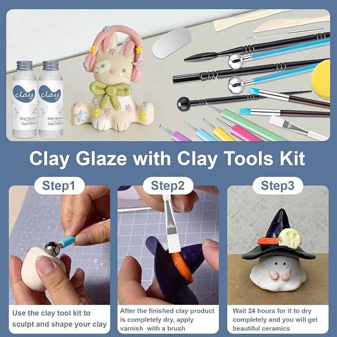 1DFAUL 30Pcs Air Dry Clay Varnish with Sculpting Tools Kit, 2 x 100ml Gloss Matte Clay Glaze for High Luster Scratch Resistant, Waterproof, Pottery Tool kit to Sculpting, Modeling, Shaping