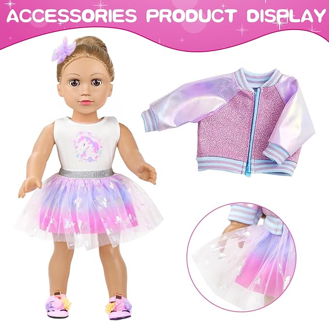 American 18 Inch Doll Makeup Accessories and Clothes Set Includes 18 Inch Doll Clothes and Shoes Bag Makeup Brush Set Foldable Haircomb Eyeshadow Lipstick Bow Hair Clip Sunglasses Hair Rope（No Dolls）