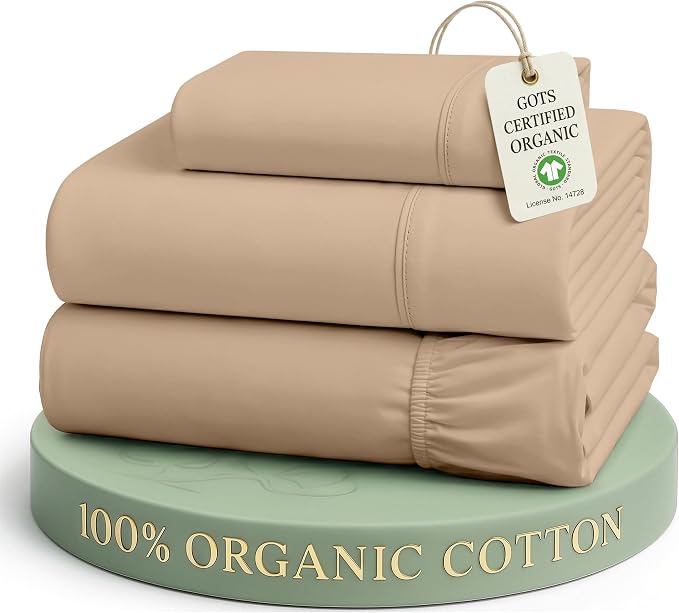LANE LINEN 100% Organic Cotton Sheets Set Pure Long- Staple Percale Weave - Bedding for Bed Fits Mattress Upto 15in Deep Pocket (Twin Taupe)