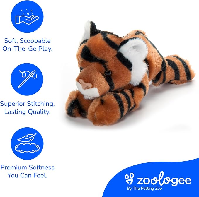 The Petting Zoo Tiger Stuffed Animal Plushie, Gifts for Kids, Scoopz Wildlife Animals, Orange Striped Tiger Plush Toy, 8 inches