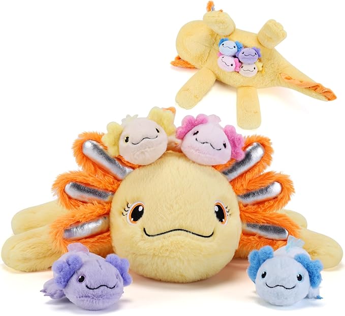 gnomantic Axolotl Stuffed Animals with Babies Inside, Mommy Toy for Kids | 5-Piece set: 1 mommy axolotl + 4 baby axolotls inside. Unzip belly to reveal surprise babies. Ultra-soft, ages 3-8.