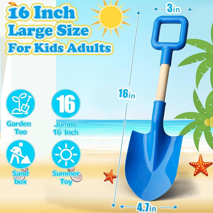 Umnodobn Beach Sand Toys 16 Inch Shovels for Kids Adults, Spade Scoop Gardening Tools, Sandbox Kit Wood ABS Spade for Travel Garden Outdoor Snow Backyard Summer Vacation Toys for Boys Girls 3 PCS