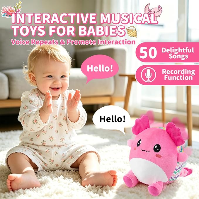 Baby Toys for 1 Year Old Girl Gifts, Pink Dancing Crawling Axolotl Interactive Baby Toy for 6-12-18 months, Rechargeable Musical Plush Toy with 50 Songs, Voice Recorder, Baby Girl Toddler Toys Age 1-3