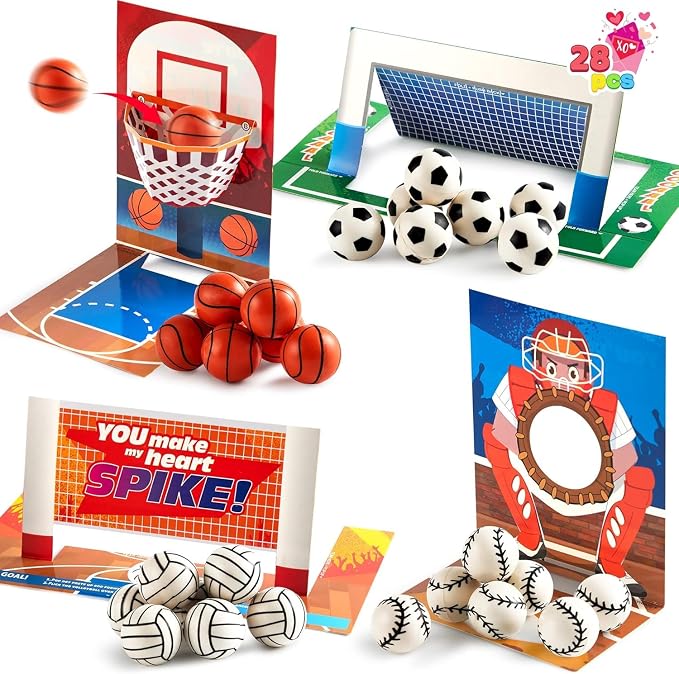 JOYIN 36 Pcs Valentine’s Day Soccer Football Volleyball Basketball with Sports Game Cards for Kids Valentine's Classroom Exchange Prizes, Valentines Games Toys for Party Favor Supplies