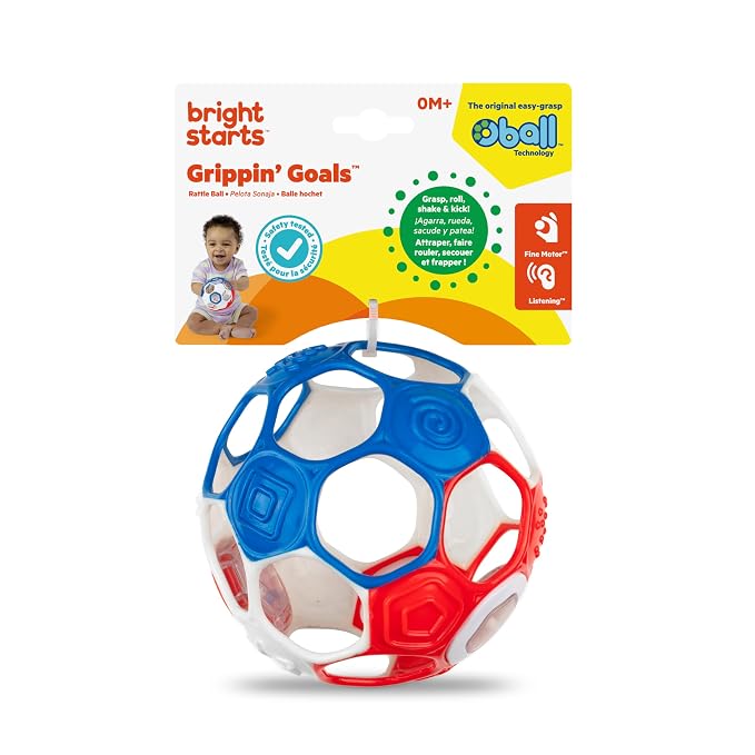 Bright Starts Oball Grippin' Goals Rattle Soccer Ball - Red, White & Blue, Easy-Grasp Toy for Newborn and Up