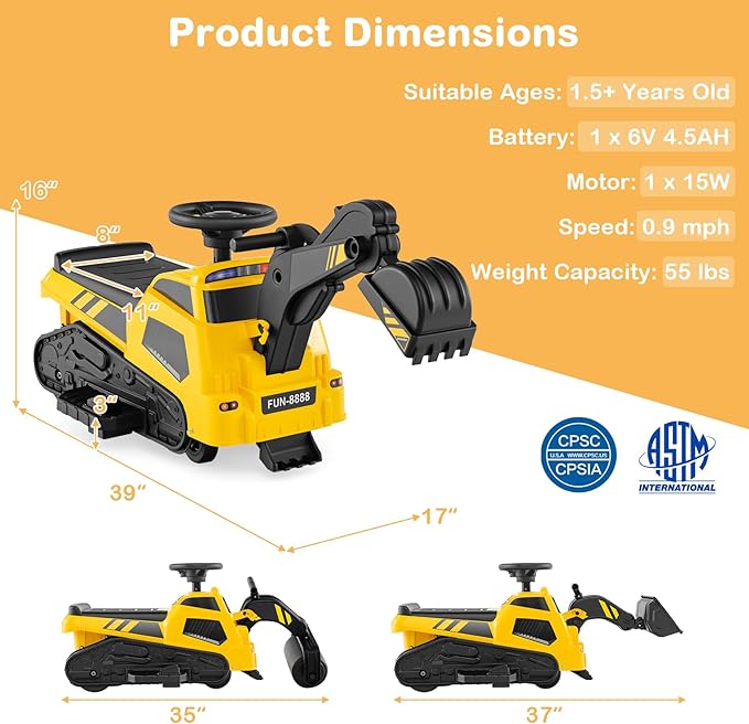 Costzon 3-in-1 Ride on Tractor, Electric Excavator Bulldozer Toy Road Roller w/Adjustable Arms, Music, 6V Ride on Construction Vehicles for Kids 1.5+ Years Old