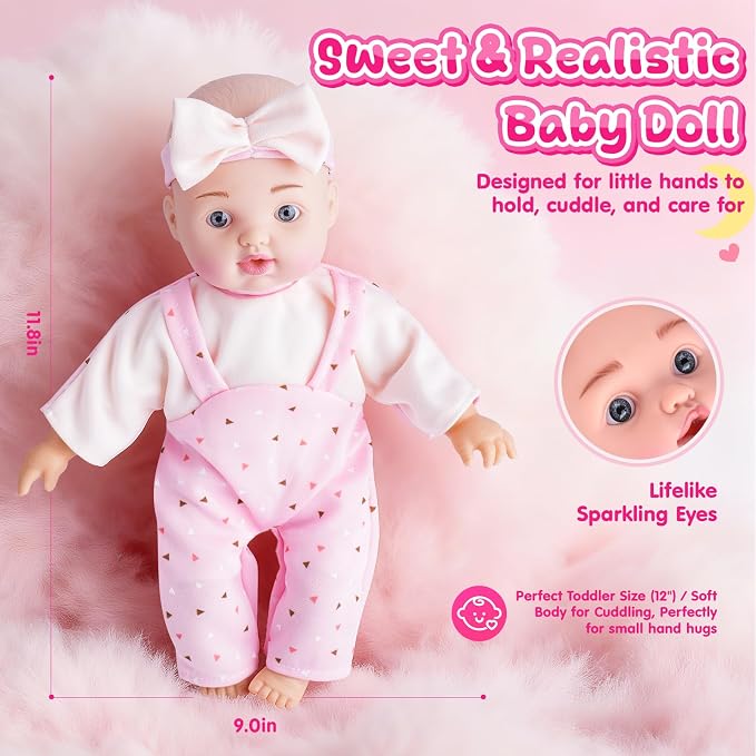 AuntyFey 12" Baby Doll Set, Baby Doll Bassinet with Accessory for Girl Toddlers 1-3 with Bottle, Teddy Bear, Pillow, Blanket