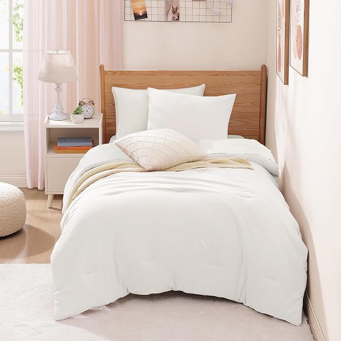 WRENSONGE Twin Comforter Set- 5 Pieces White Twin Bed in a Bag, All Season Twin XL Bedding Sets with 1 Fitted Sheet, 1 Flat Sheet, 1 Pillow Sham and 1 Pillowcase