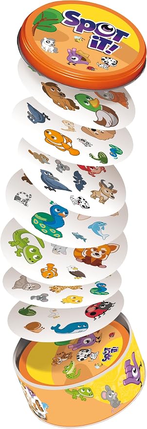 Asmodee Spot It! Animals (2024 Refresh) - Eco-Sleeve Edition, 5-in-1 Visual Perception Game for Quick Reflexes and Family Fun, Ages 4+, 2-8 Players, 15 Minute Playtime
