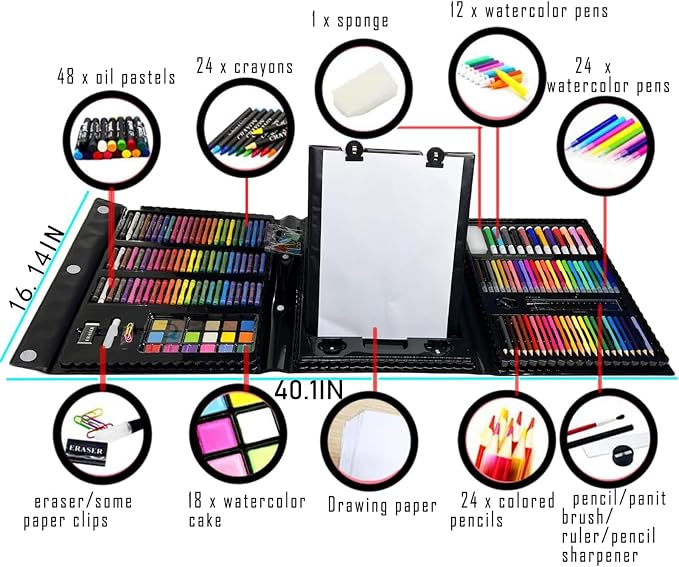 AQTQA Art Supplies, Drawing Art Set Kit for Kids Double Sided Trifold Easel | 208 PCS Teens Artist, Adults Art Set, Oil Pastels, Crayons, Colored Pencils, Watercolor Pens Gift for Girls Boys Artist,Black