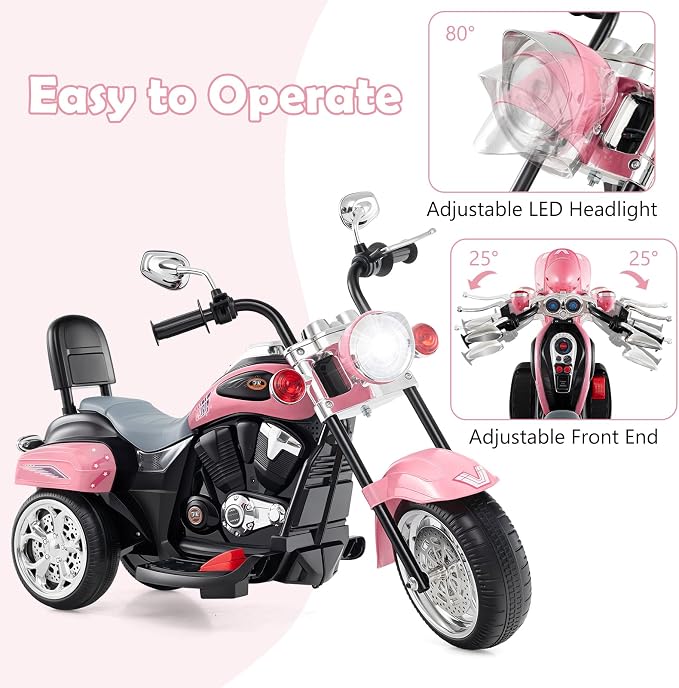 Costzon Kids Motorcycle, 6V Battery Powered Ride on Chopper Motorcycle w/Horn, Headlight, 3-Wheel Stable Ride on Toys, Electric Toddler Motorcycle for Kids, Gift for Boys Girls (Laser Pink)