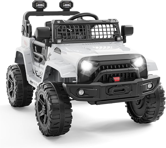 Hetoy 12V Ride on Toys with Parent Remote Control Toddler Electric Vehicle with Spring Suspension, LED Lights, Bluetooth, Music Player, 3 Speeds Ride on Car Truck for Kids Age 3-8 (White)
