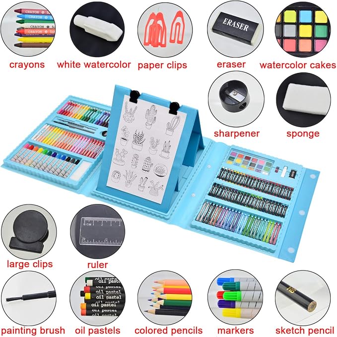 Sunnyglade 185 Pieces Double Sided Trifold Easel Art Set, Drawing Art Box with Oil Pastels, Crayons, Colored Pencils, Markers, Paint Brush, Watercolor Cakes, Sketch Pad (Blue)