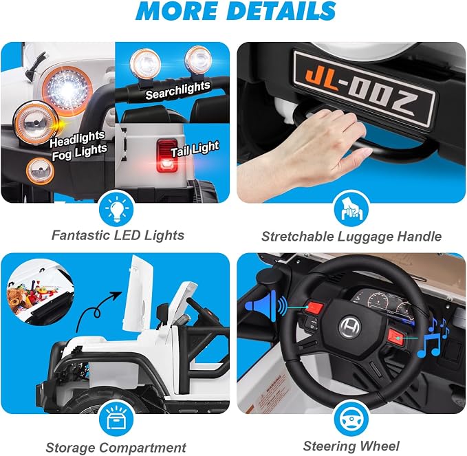 2 Seater Ride On Truck and Car Cover, 12V Children's Electric Car with Parental Remote Control, Music, Bluetooth, MP3 Player, LED Lights, Spring Suspension, White