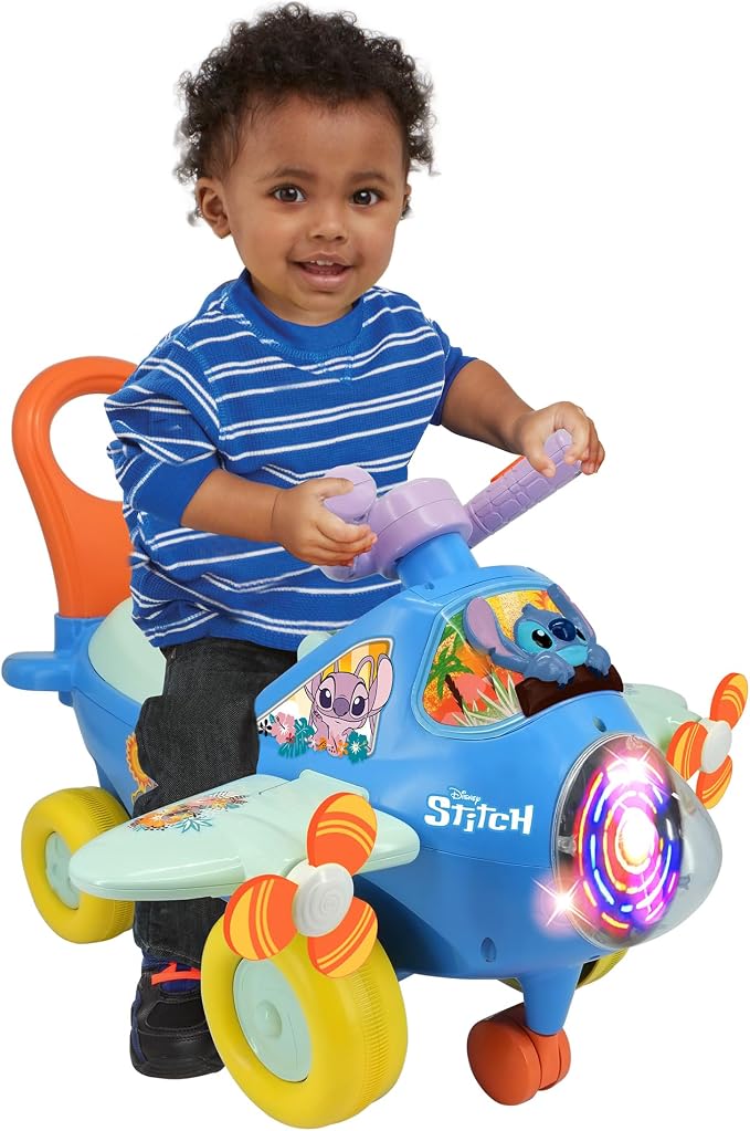 Kiddieland Disney Stitch Lights & Sounds Activity Plane Ride-On, Foot-to-Floor Toy with Interactive Dashboard, Rotating Propellers, Push Handle, for Toddlers 12–36 Months
