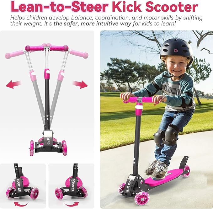 Scooter for Kids Ages 3-5, LED Light Up 3 Wheel Toddler Scooter with 4 Adjustable Heights, Lean-to-Steer Wheels, Safe Metal Brake, Foldable Kick Scooter for Boys Girls, Support 120 lbs, Birthday Gift
