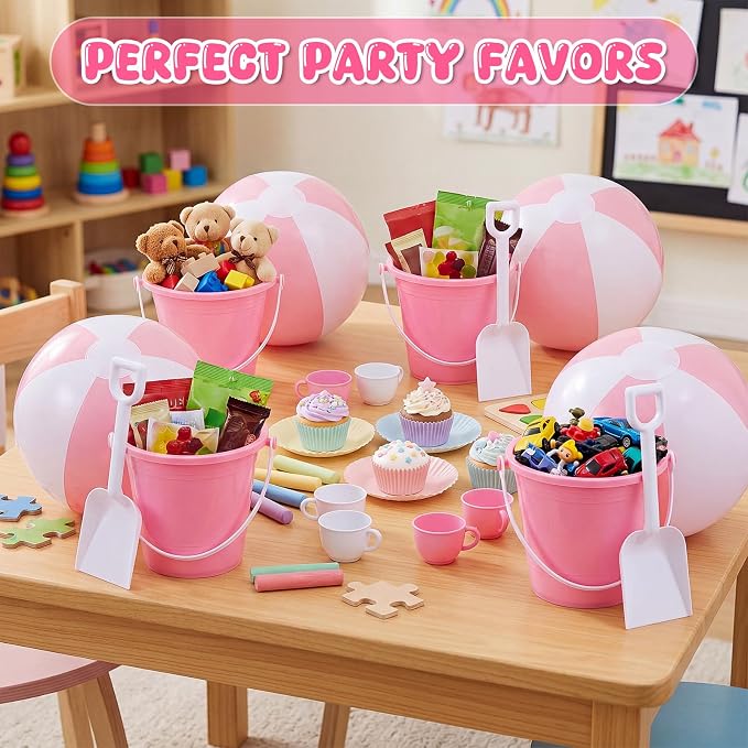 Lunmon 72 Pcs Beach Toys for Kids 24 Set Sand Buckets Shovels Bulk Pastel Beach Balls Inflatable Sand Toys for Girls Boys Toddlers Games Birthday Summer Pool Party Favor (Pink White, Vivid)
