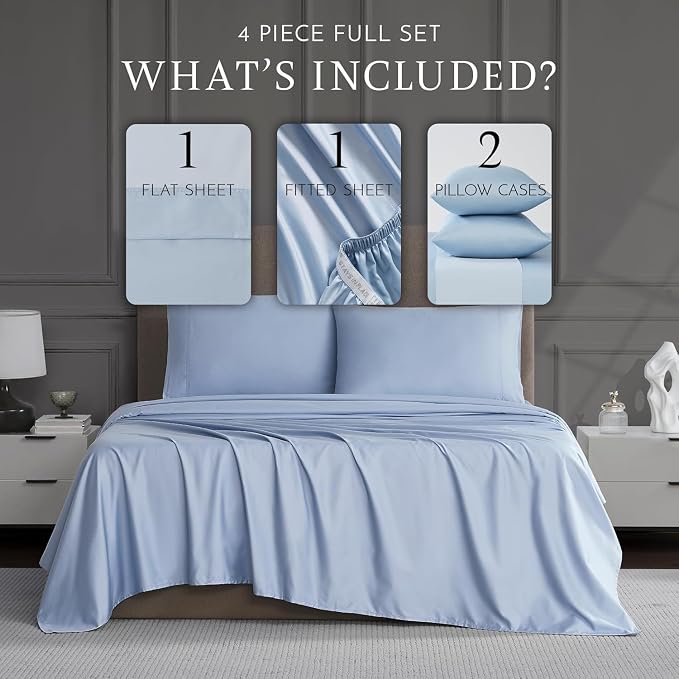 Linen Closet Luxury 1200 Thread Count Full Size Sheets Set, 4 Pieces, Cotton Rich, Blue, Soft, Durable & Wrinkle Resistant Sateen Sheets, 16" Deep Pocket Fitted Sheet, Home & Hotel Essentials