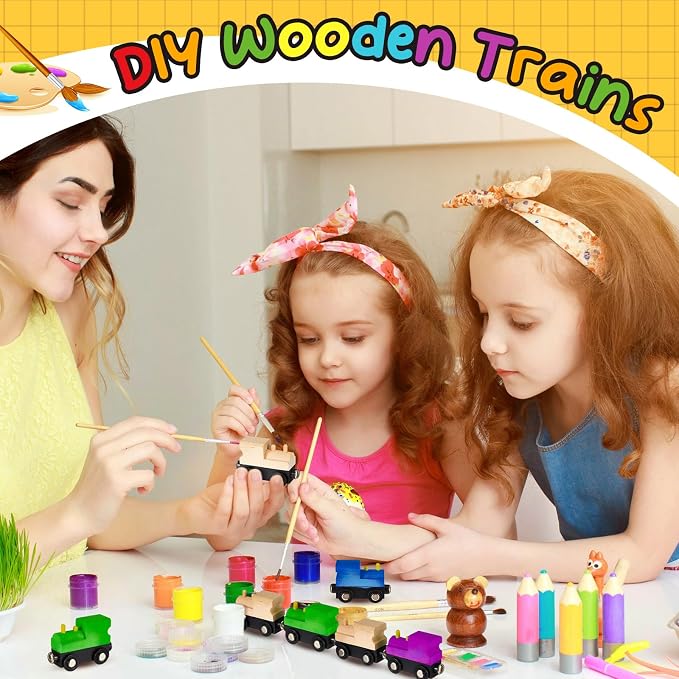 Halloscume 20 Pcs Unfinished DIY Wooden Trains Magnetic Unpainted Wooden Train Cars Toys for Railway Paint Project, Birthday Party Decorations Back to School Crafts Gifts Supplies (Classic)
